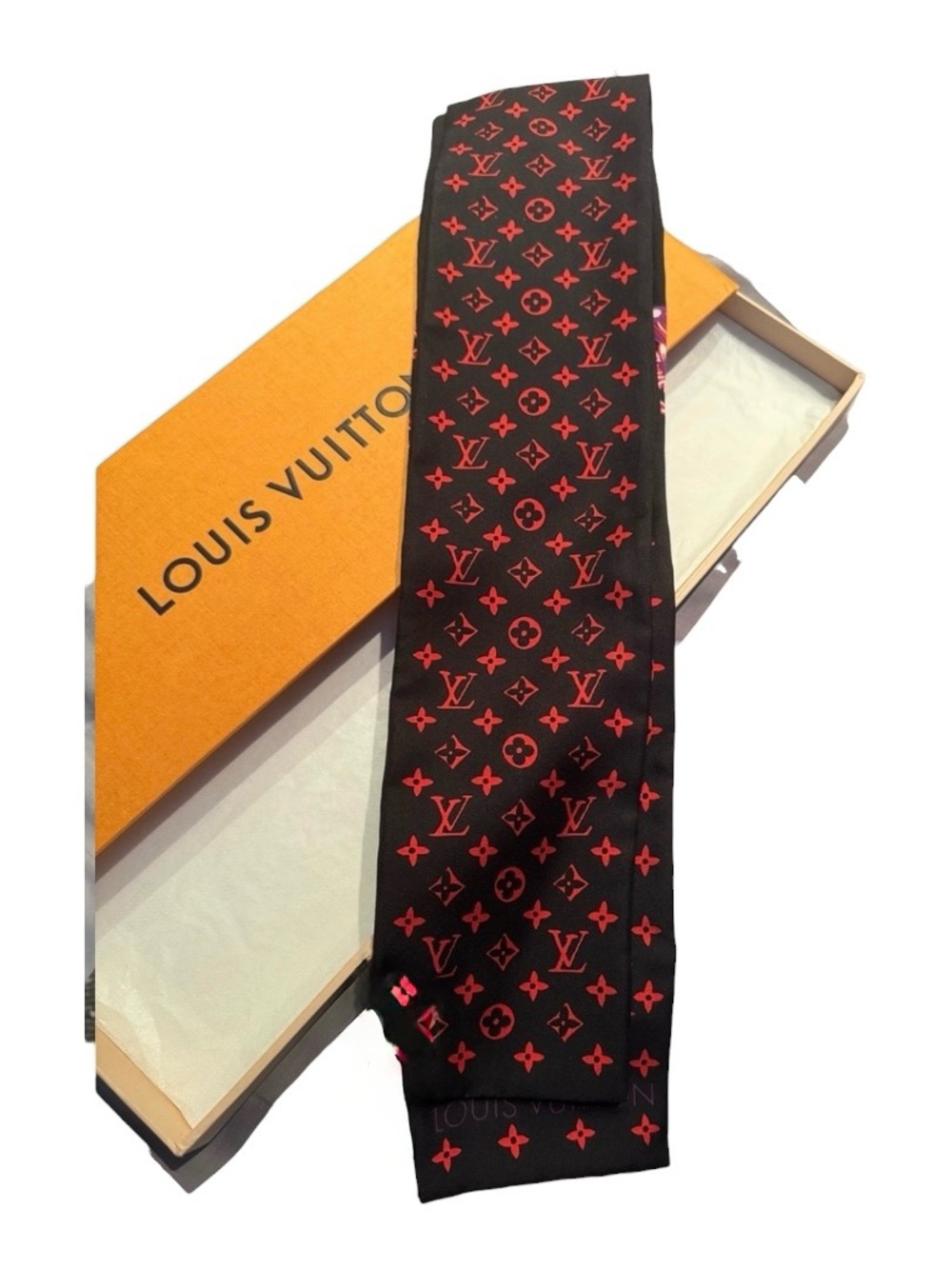 Louis Vuitton Silk Twilly Scarf Black Red Floral Monogram Bandeau - Picture 2 of 3